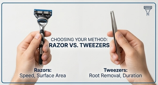 カミソリを持つ手と毛抜きを持つ手を並べ、それぞれのメリット（スピード、持続性など）を比較するテキストが付いた画像。