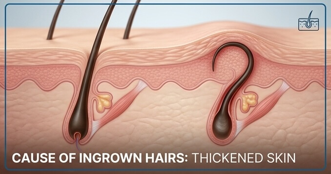 正常な毛と、角質が厚くなって皮膚の下に埋もれた毛（埋没毛）を比較した皮膚の断面図解。