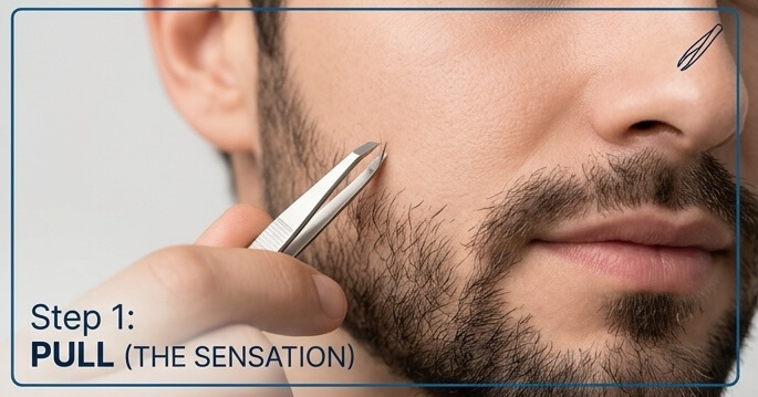 男性が毛抜きで髭の一本を抜こうとしている接写画像と、毛抜きのアイコン。抜く瞬間の感覚とリスクを表現。
