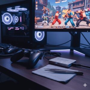 ゲーミングPC、コントローラー、HDMIキャプチャーボード、そして手前に置かれた精密ピンセットの静物写真