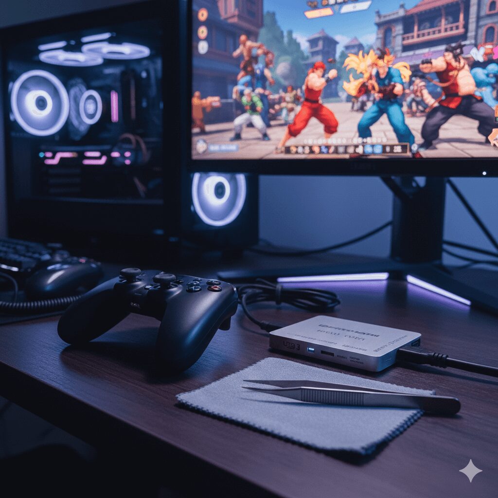 ゲーミングPC、コントローラー、HDMIキャプチャーボード、そして手前に置かれた精密ピンセットの静物写真