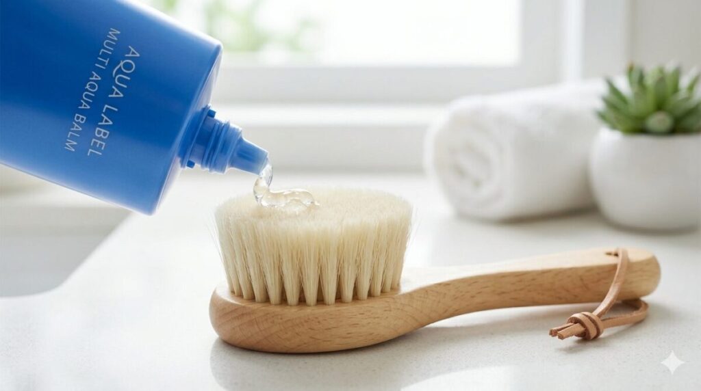 天然ヤギ毛の洗顔ブラシにアクアレーベルのマルチアクアバーム(洗顔ジェル)をのせている様子