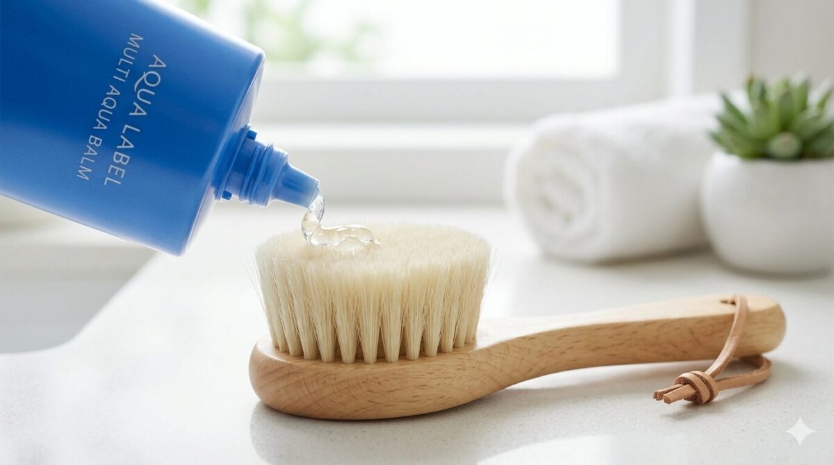 天然ヤギ毛の洗顔ブラシにアクアレーベルのマルチアクアバーム(洗顔ジェル)をのせている様子