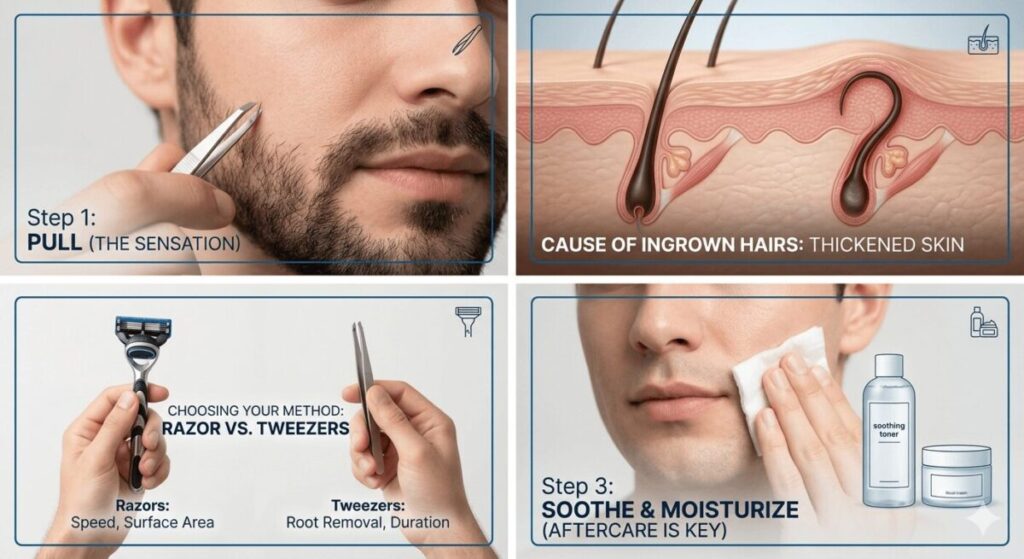 男性が髭を抜く・剃る・ケアする全4工程のインフォグラフィック画像。毛嚢炎の図解も含む