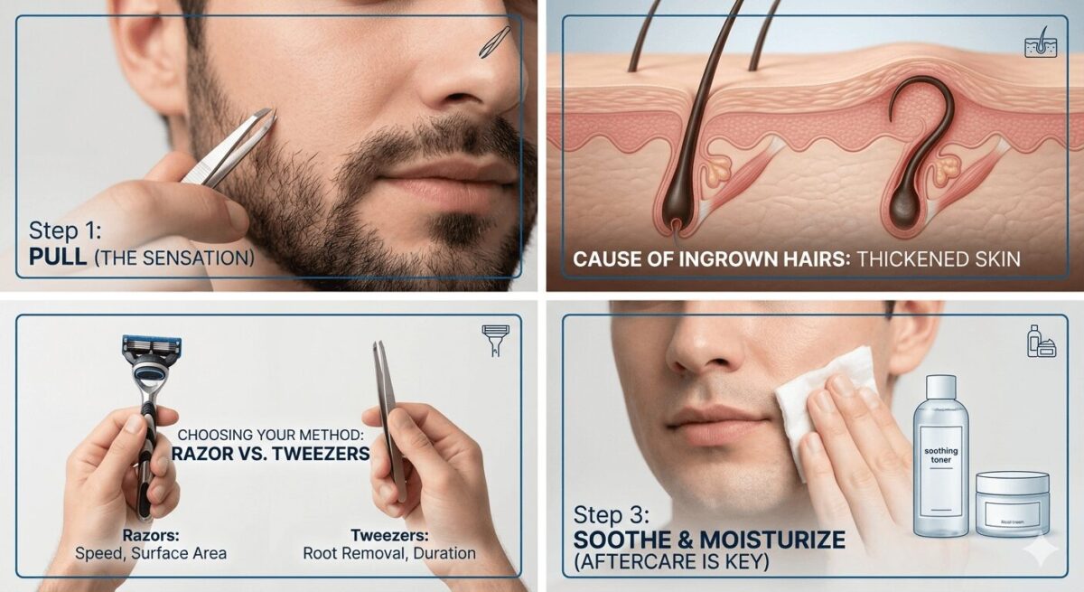男性が髭を抜く・剃る・ケアする全4工程のインフォグラフィック画像。毛嚢炎の図解も含む