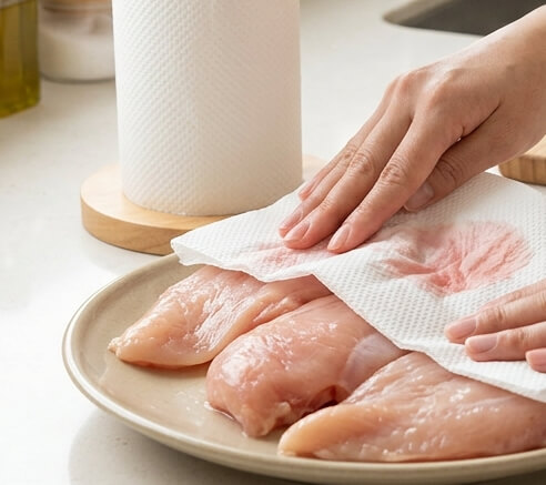 生の鶏肉とキッチンペーパーを使ってドリップを拭き取っている様子