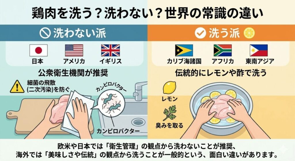 鶏肉を洗う・洗わないの世界的な違いを比較したインフォグラフィック。日本の衛生管理と海外の伝統。