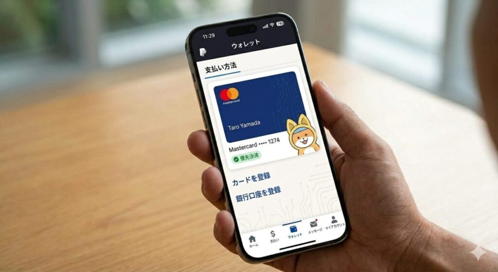男性がスマートフォンを手に持ち、画面にはPayPalアプリの「ウォレット」画面が表示されている。画面にはMastercardブランドのクレジットカード(下4桁1274、名前Taro Yamada)が「優先決済」として登録されており、その横に柴犬のキャラクターが描かれている。