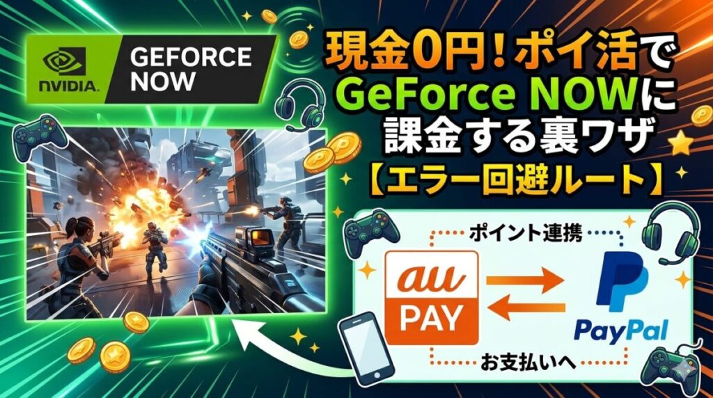 GeForce NOWのロゴとゲーム画面、au PAYとPayPalのロゴ連携図、そして「現金0円！ポイ活でGeForce NOWに課金する裏ワザ【エラー回避ルート】」というテキストが書かれたアイキャッチ画像。
