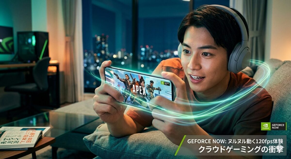 ヘッドホンを装着した男性が、夜景の見える部屋のソファでスマートフォンを持ち、クラウドゲーミングサービス「GeForce NOW」でゲーム（Apex Legends風の画面）を滑らかにプレイしているイメージ。右下に「GEFORCE NOW: ヌルヌル動く120fps体験 クラウドゲーミングの衝撃」のテロップが入っている。