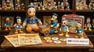 「1930年代の初期ドナルドダックのヴィンテージ玩具と当時の雑誌のイメージ画像」