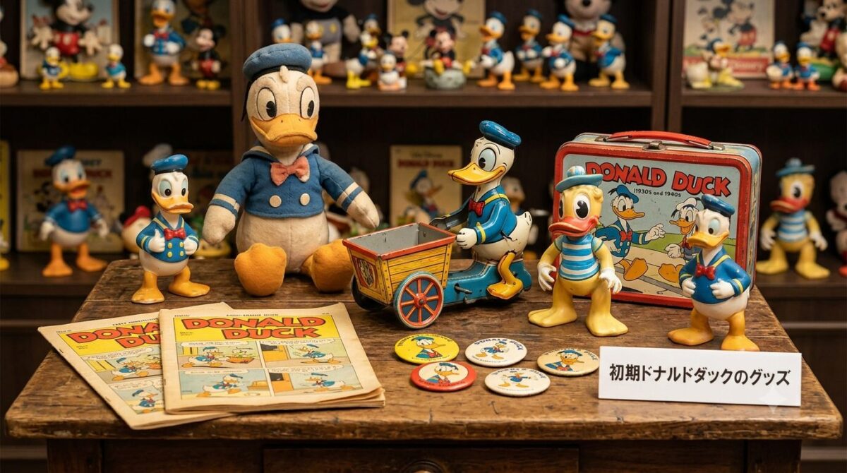 「1930年代の初期ドナルドダックのヴィンテージ玩具と当時の雑誌のイメージ画像」
